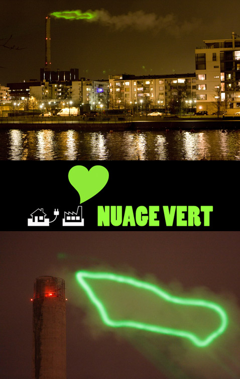 Проект Nuage Vert, где бы его ни пришлось реализовывать, состоит из трёх взаимосвязанных частей. Во-первых, нужна техника – система для "улавливания" дыма и пара и проецирования на него контура облака: <a target="_blank" href="http://www.membrana.ru/articles/tf/2006/02/15/214800.html">высокомощный зелёный лазер</a> плюс сканирующая система и ИК-камера, необходимые для слежения за перемещением облака и внесением корректив в проекцию. Ну и компьютер с Интернетом надобны, само собой. Во-вторых, это работа с администрацией электростанции или завода, чтобы получить добро, поддержку и данные. В-третьих, это информационная кампания, включающая освещение проекта в СМИ, организацию публичных дискуссий, семинаров, "мозговых штурмов", мероприятий в школах и так далее (фото Antti Ahonen/HeHe).