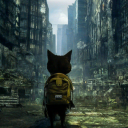 Кот с рюкзаком на спине идёт по заброшенному городу
