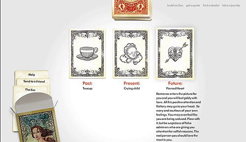 Скриншот сайта VW и страницы Eos - гадание на картах таро