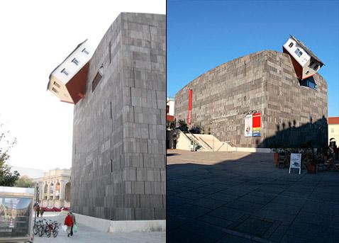 Рассматриваем "Дом атакует" со всех сторон (фото MUMOK и с сайта anarchitecture.blogspot.com).