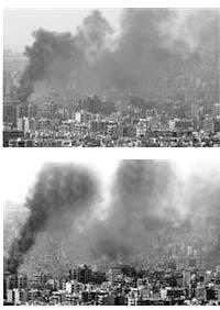 Снимок бомбардировок Ливана. Сверху - оригинал, снизу - отретушированый.