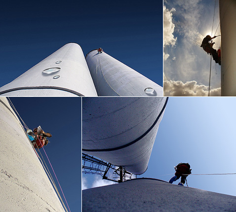 Грасия разрисовал трубы в основном своими силами, однако ему приходилось временами обращаться к помощи ассистентов, которых пришлось снабдить рациями и биноклями. За два месяца было немало ветреных и дождливых дней, но это не помешало работе (фото с сайта gracia.club.fr).