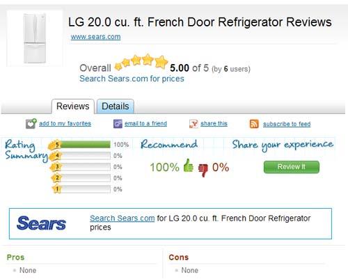 Сайт MySears.com, оценки холодильника