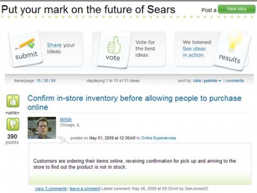 Сайт MySears.com, обзор идей потребителей