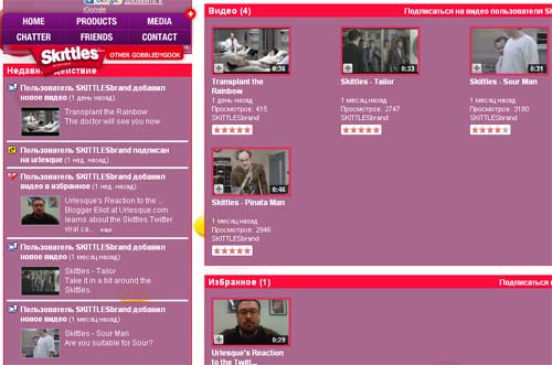 Сайт Skittles.com стиле Twitter, записи о бренде