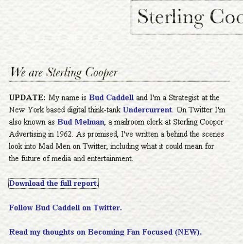 Сайт WeAreSterlingCoopers.com, созданный в рамках пиар-кампании сериала "Mad Men" в Twitter