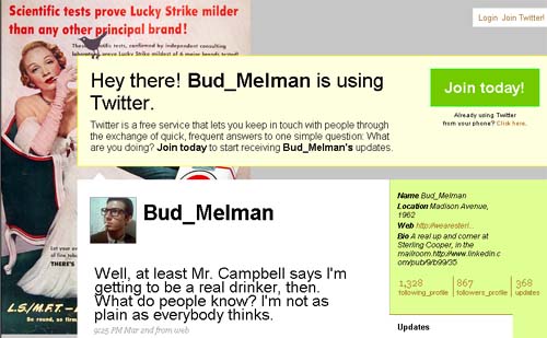 Микроблог выдуманного персонажа Бада Мельмана в Twitter, скриншот