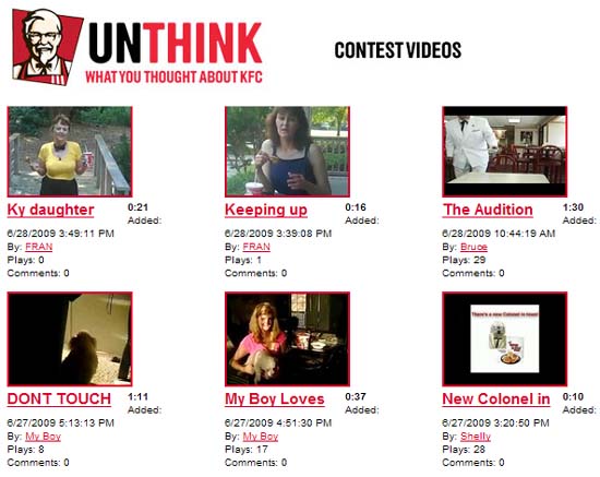 Сайт конкурса KFC на MySpace - видеоролики