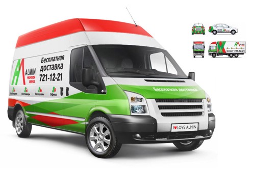 Студия ЦЭТИС, бренда ALMIN Service, графический знак, фирменный стиль, рекламна, печатные материалы, прототип, промо-материал, сувенир, автотранспорт