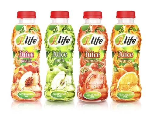 логотип сока в ПЭТ-упаковке J.life от студии Redkvadrat для компании Сибкет К