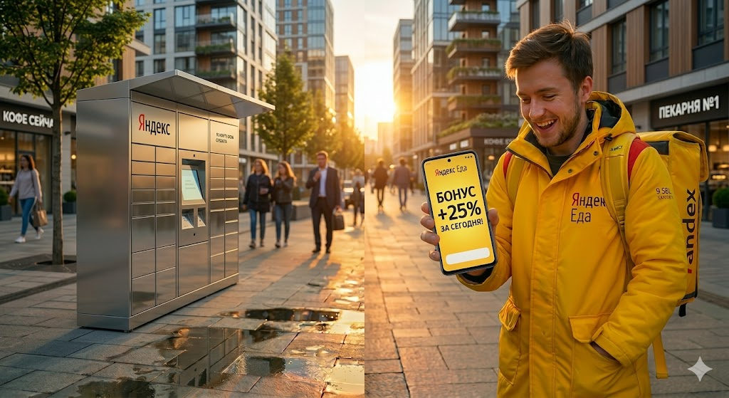 Курьер в желтой форме Яндекс Еды с телефоном в руке стоит у постамата, на экране виден бонус 25%. Новые бонусы Яндекс Еды марта 2026 года.