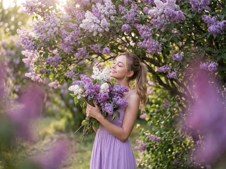 Девочка с букетом сирени в руках