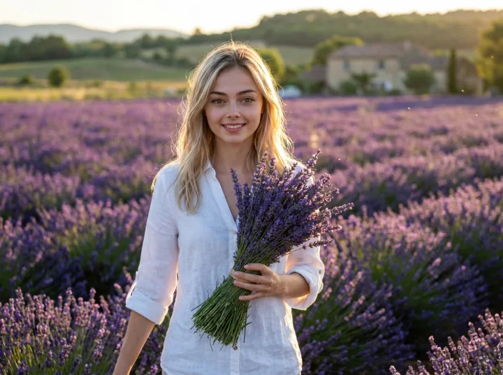 Фото с букетом лаванды в цветущем поле