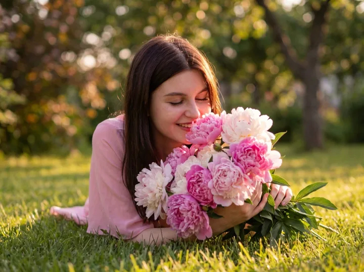 Фотография счастливой девушки с пионами