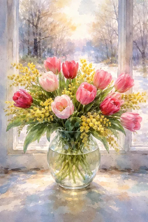 Фото весенних цветов в вазе на подоконнике