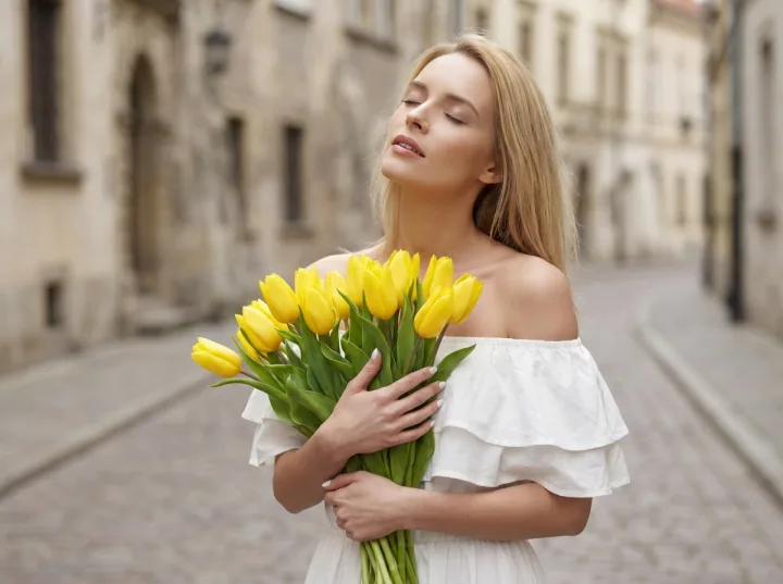 Фото красивой женщины с желтыми тюльпанами на улице