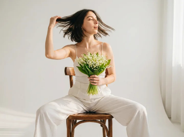 Фото красивой девушки с ландышами в студии