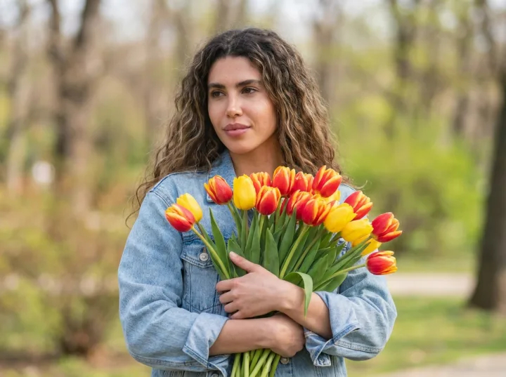 Весенняя фотография девушки с цветами в руках в лесу