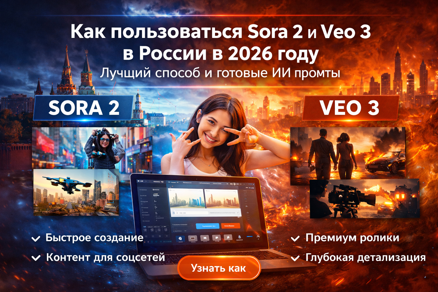 Как пользоваться Sora 2, Veo 3 в России: Лучший способ 2026 - Готовые ИИ промты нейросеть