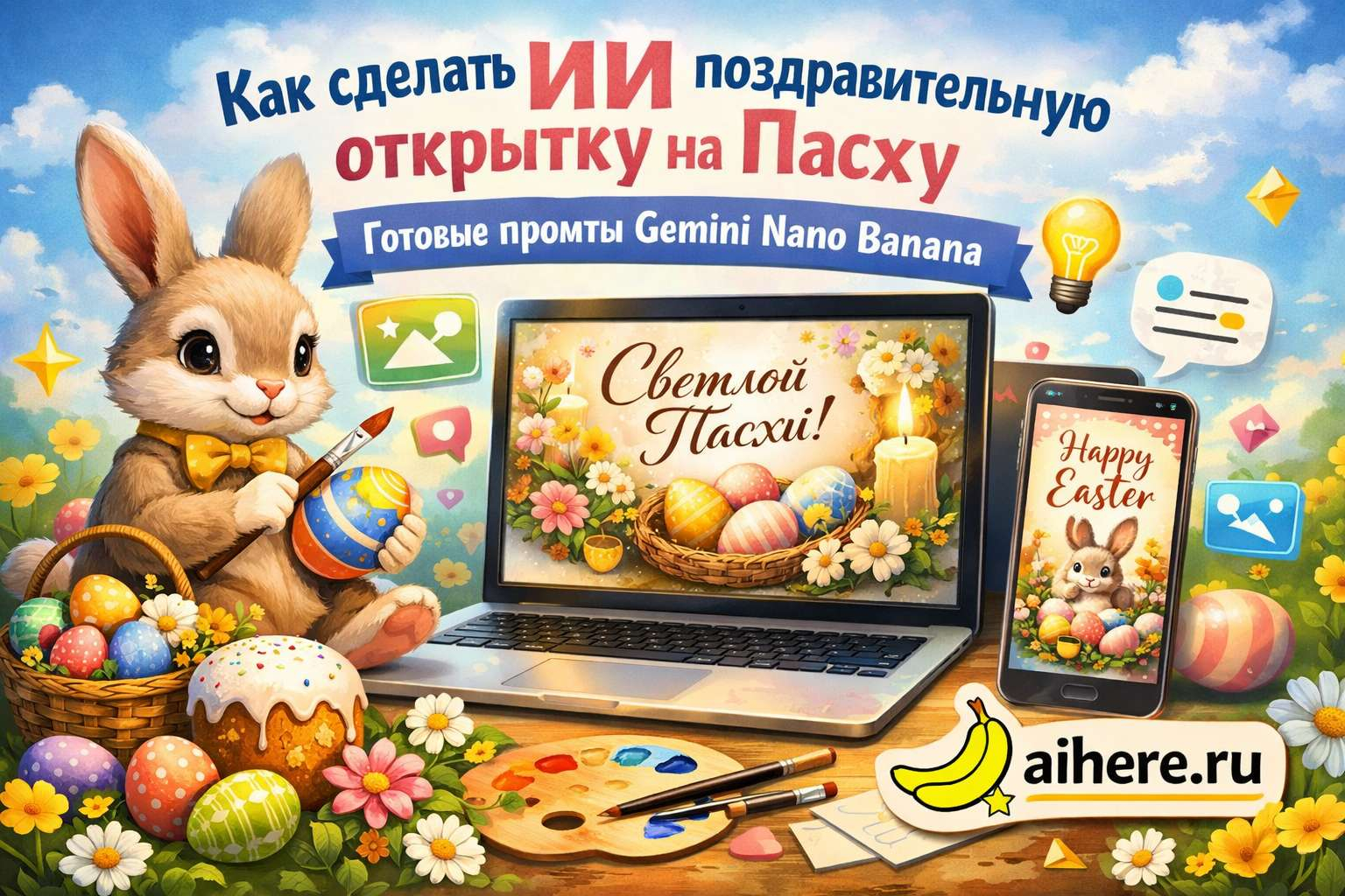 Как сделать ИИ поздравительную открытку на Пасху через нейросеть онлайн: Готовые промты Gemini Nano Banana 2