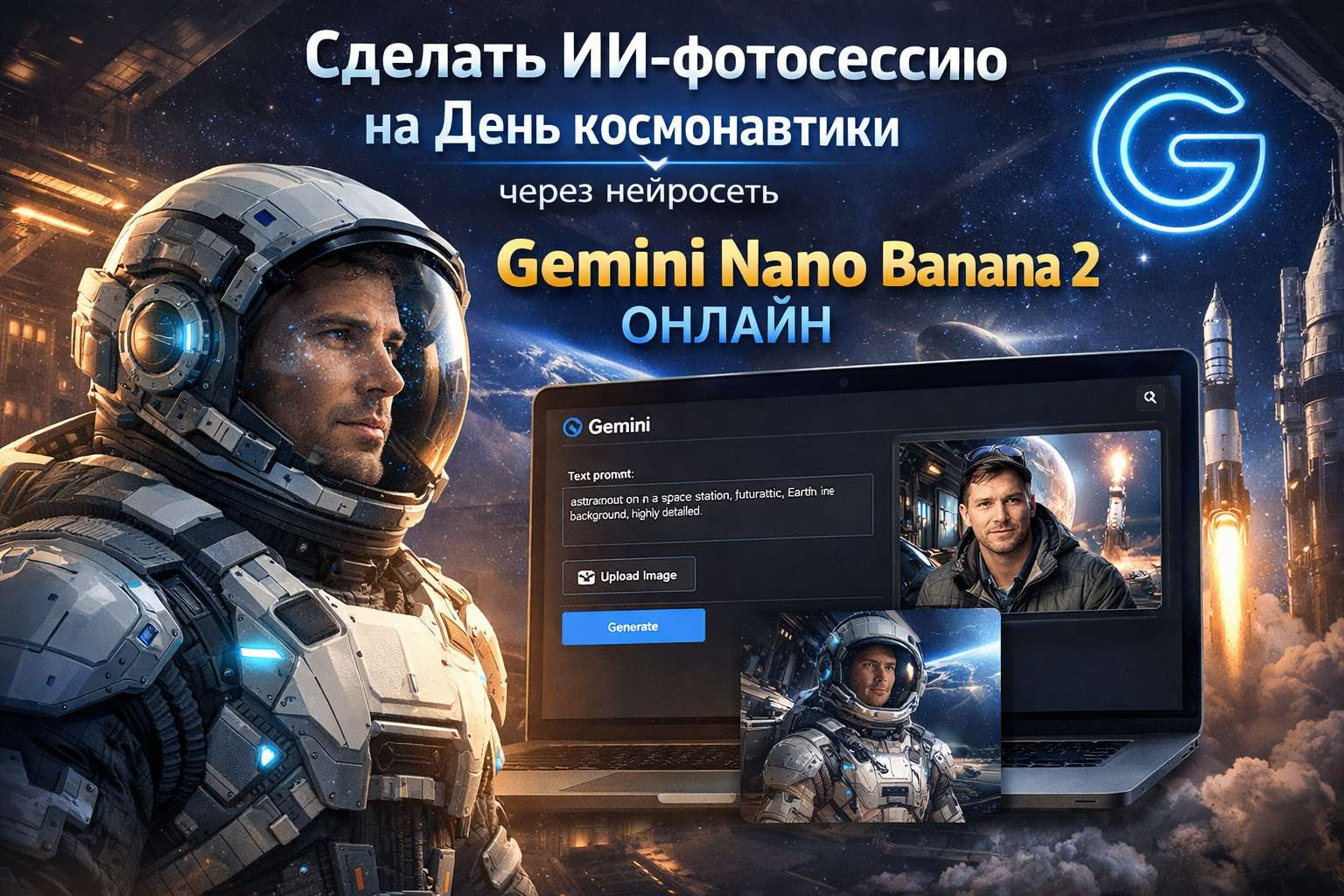 Сделать ИИ-фотосессию на день космонавтики через нейросеть Gemini Nano Banana 2 онлайн