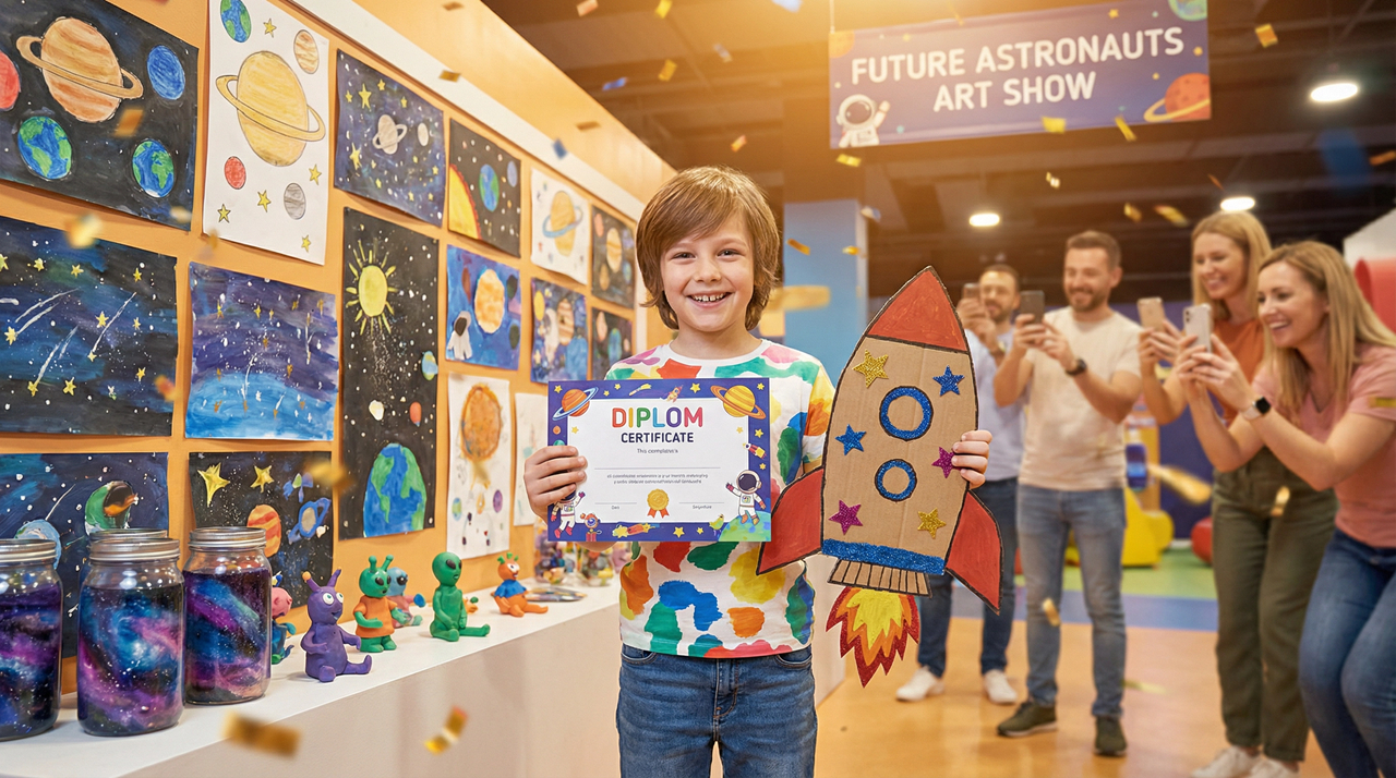 Счастливый ребёнок с дипломом и своей поделкой