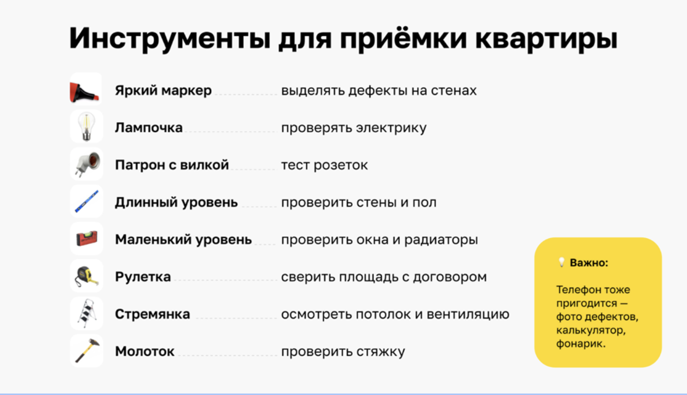 Инфографика с инструментами, необходимыми для приемки квартиры в новостройке