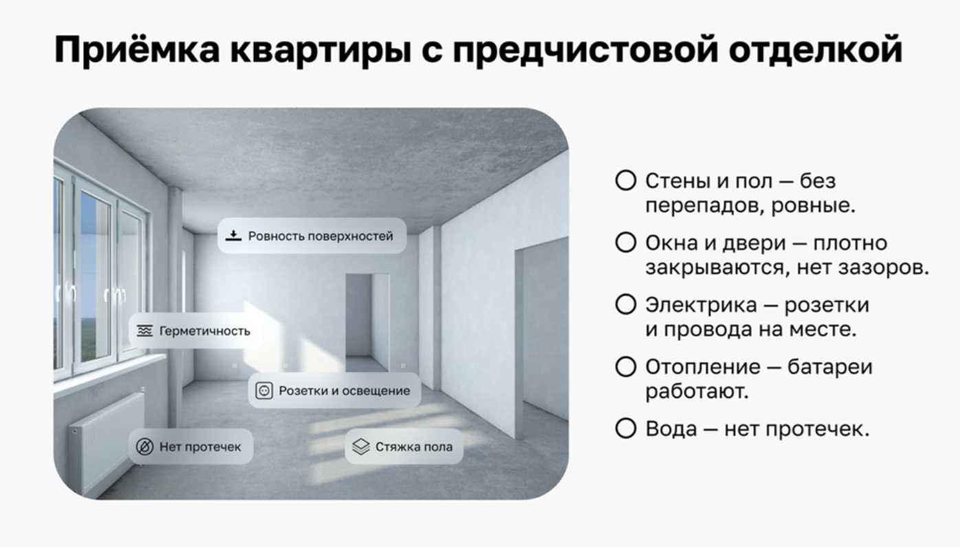 Инфография с пошаговым действием по приемке квартиры в новосроке с предчистовой отделкой