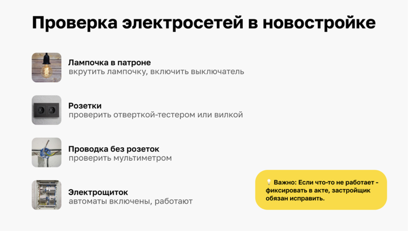 Ифографика с пошаговым планом проверки электросетей в квартире новостройки при приемке квартиры у застройщика