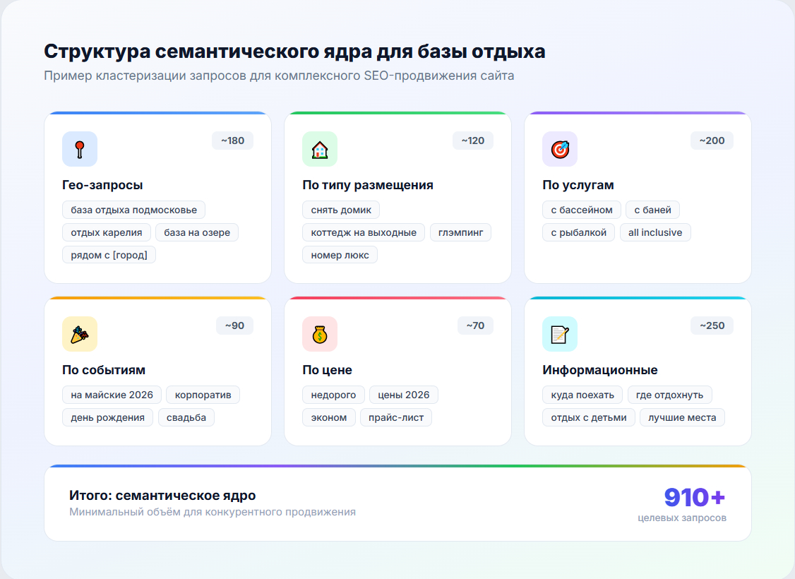Структура семантического ядра для SEO-продвижения сайта базы отдыха - 910 целевых запросов