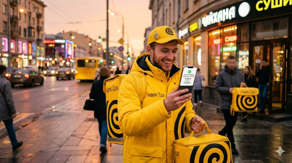 Курьер в жёлтой униформе Яндекс Еда радостно смотрит на смартфон с уведомлением о зачислении 150 000 ₽ на карту.