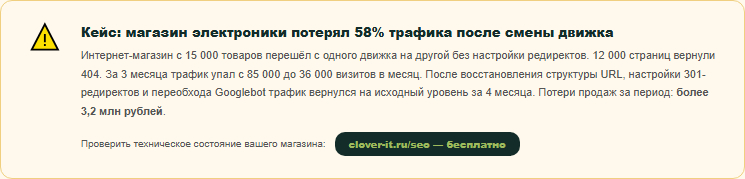 Кейс: магазин электроники потерял 58% трафика после смены движка без редиректов — бесплатная проверка в Clover-IT.