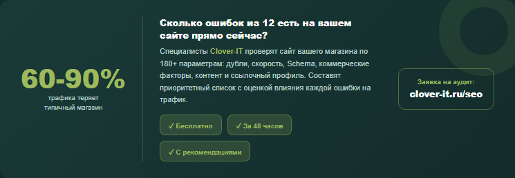 Типичный интернет-магазин теряет 60–90% органического трафика из-за SEO-ошибок — проверьте свой сайт бесплатно в Clover-IT.