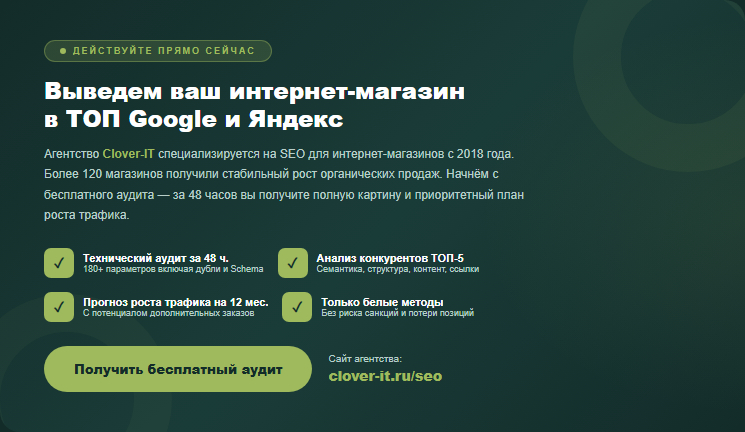 Закажите бесплатный SEO-аудит интернет-магазина в агентстве Clover-IT — получите полный анализ, стратегию и прогноз роста органических продаж.