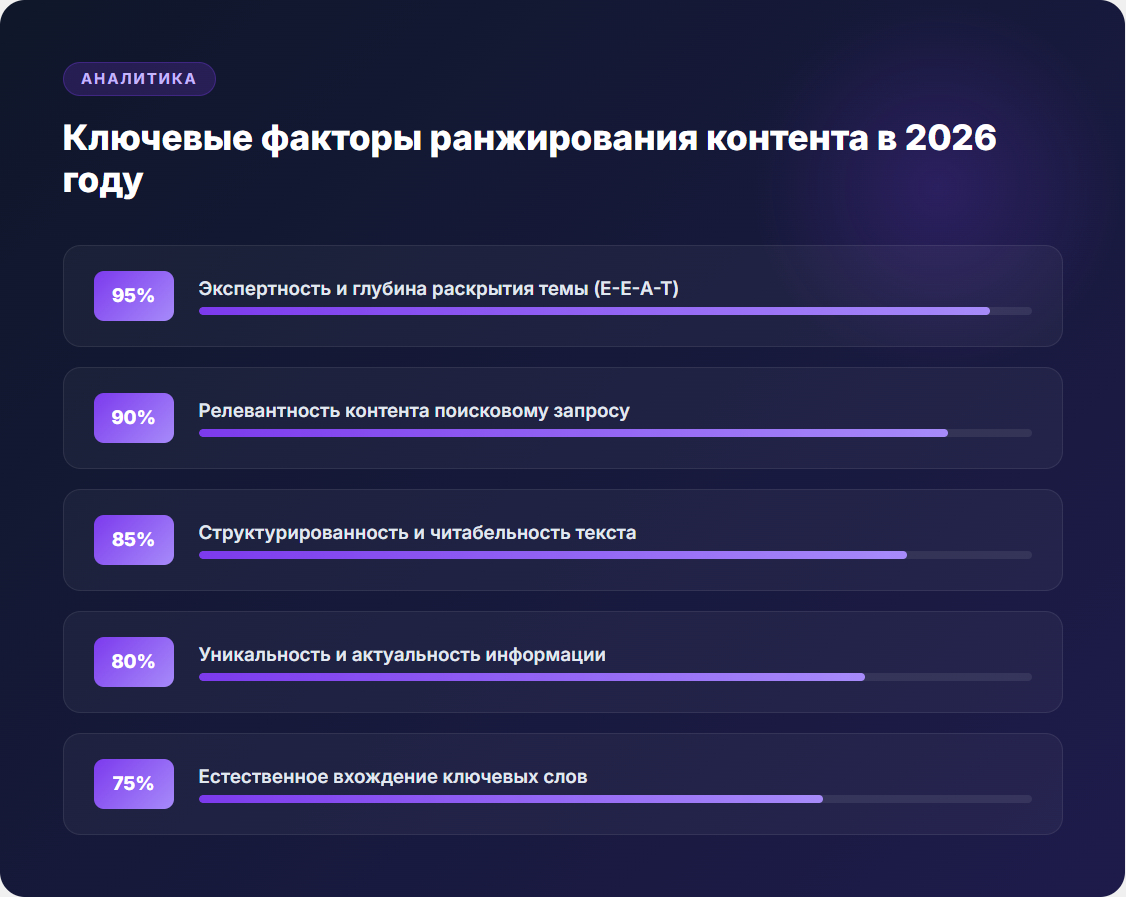 Ключевые факторы ранжирования контента в поисковых системах 2026 - экспертность, релевантность, структура, уникальность
