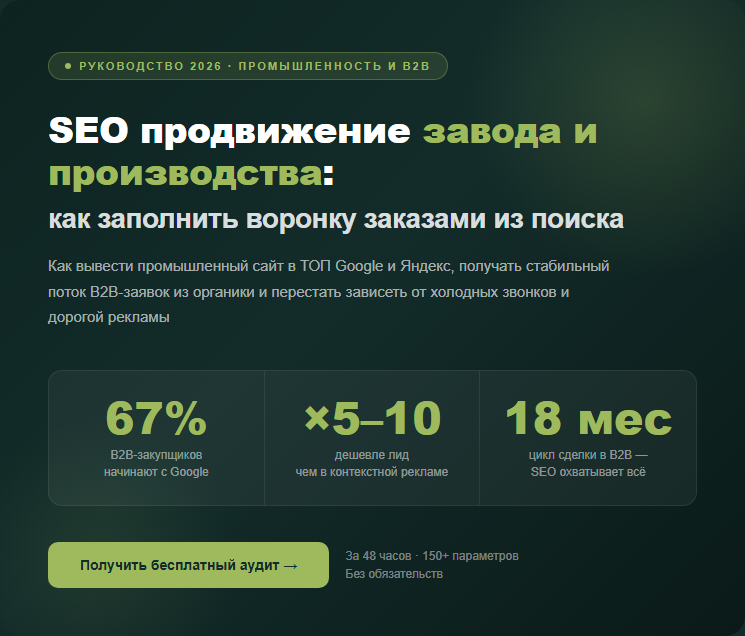 SEO продвижение сайта завода и производства в 2026 году — полное руководство по привлечению B2B-клиентов через органический поиск Google и Яндекс.