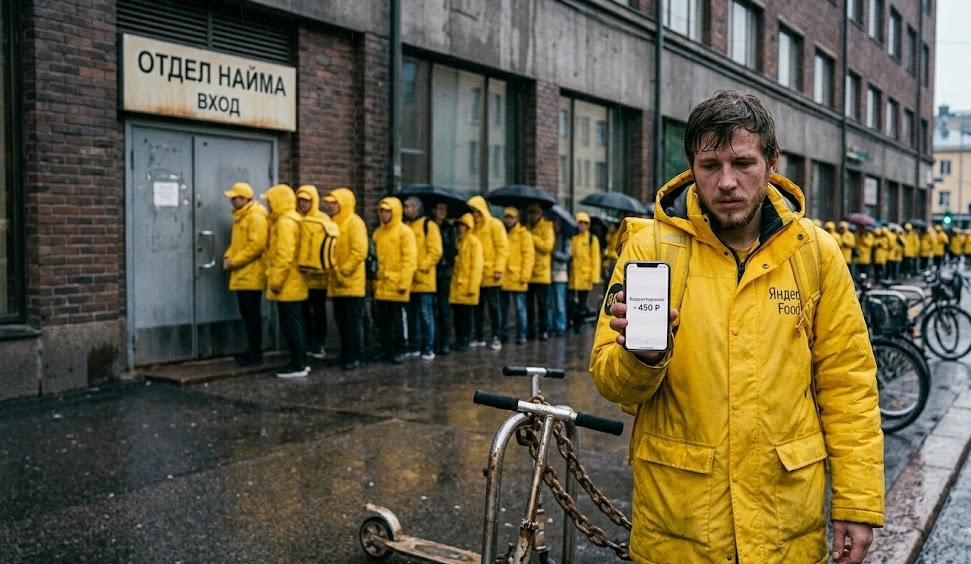 Курьер Яндекс Еда смотрит на штраф 450 рублей в телефоне очередь в отдел найма