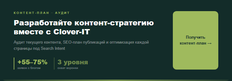 Разработайте контент-стратегию для вашего сайта вместе с Clover-IT — аудит текущего контента, SEO-план публикаций и оптимизация каждой страницы.