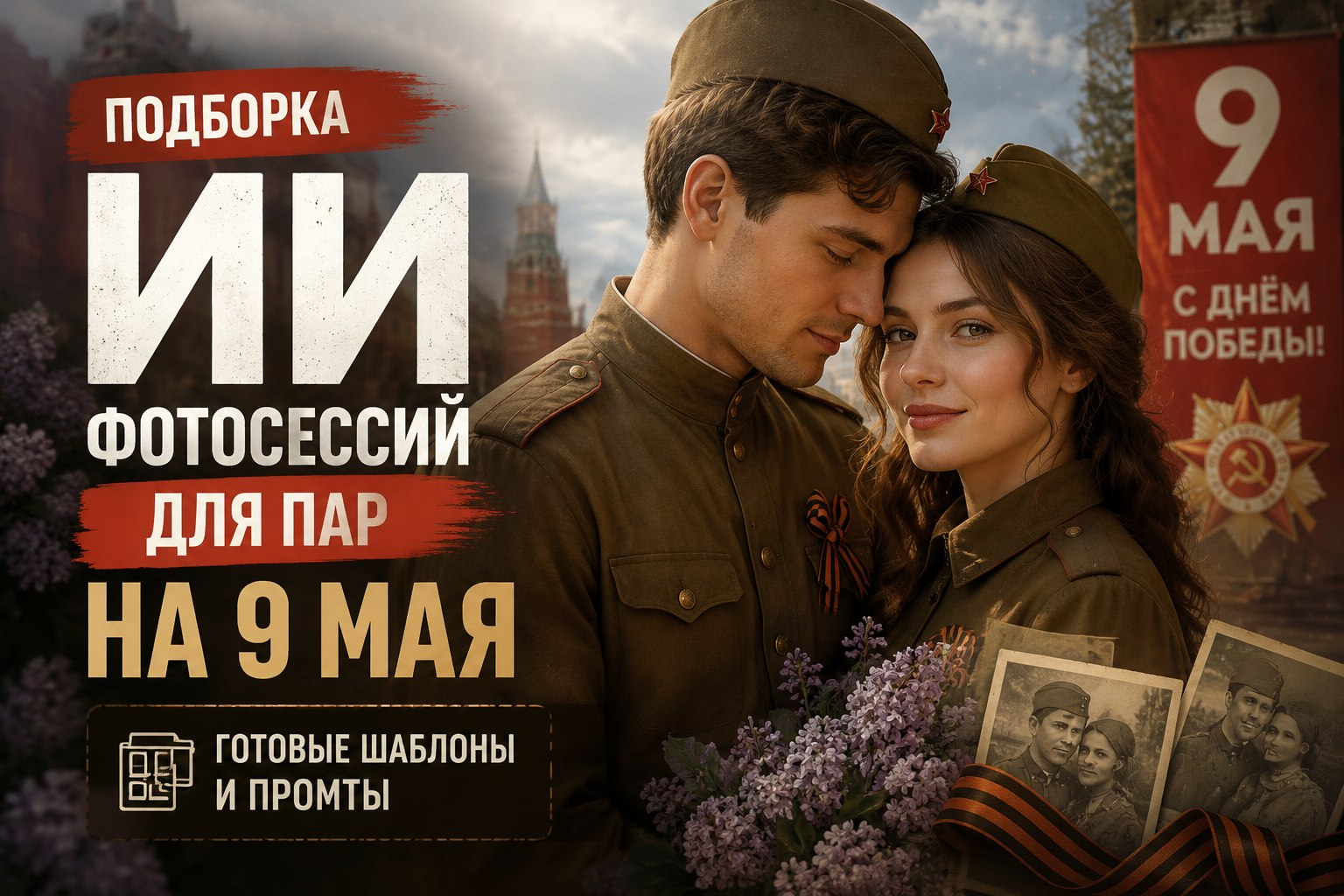 Подборка ИИ фотосессий для пар на 9 мая - готовые шаблоны и промты