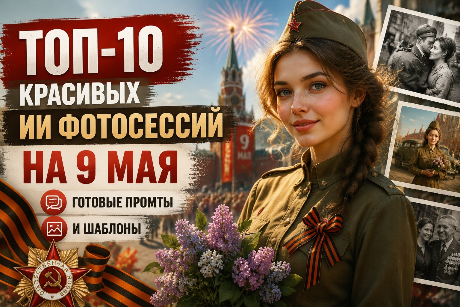 ТОП-10 красивых ИИ фотосессий на 9 мая: готовые промты и шаблоны