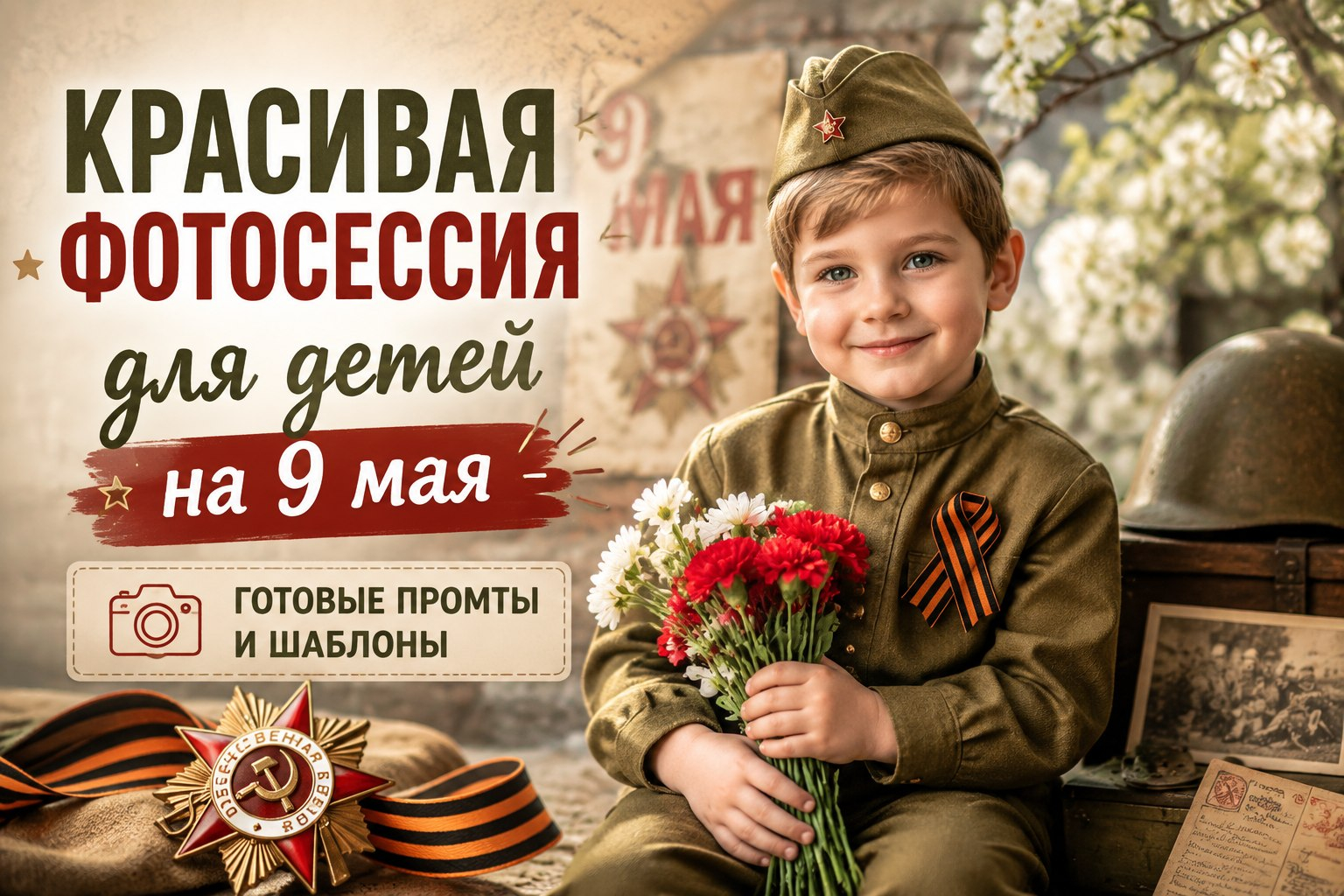 Красивая фотосессия для детей на 9 мая: готовые промты и шаблоны