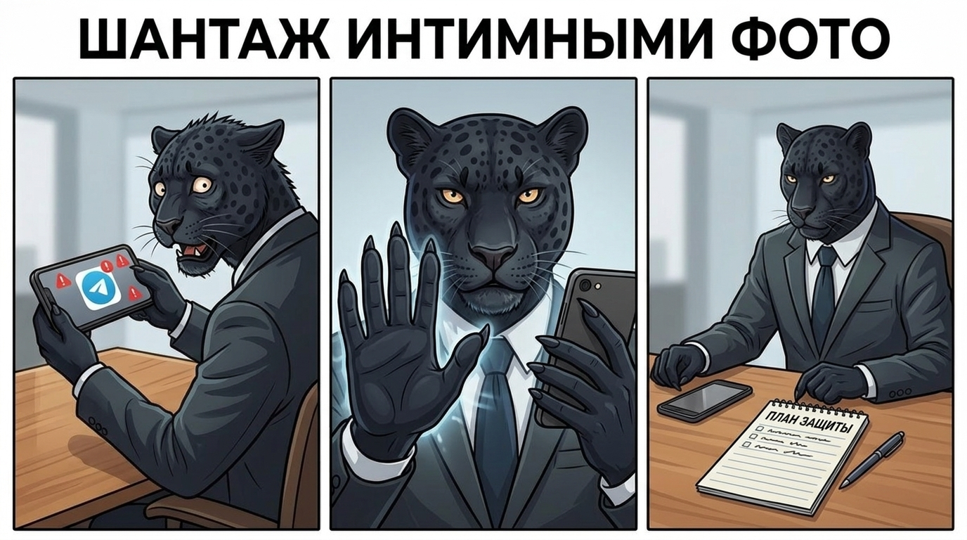 Пантера сидит за столом, держит в лапе телефон, другой лапой показывает жест остановки, на столе блокнот и ручка.