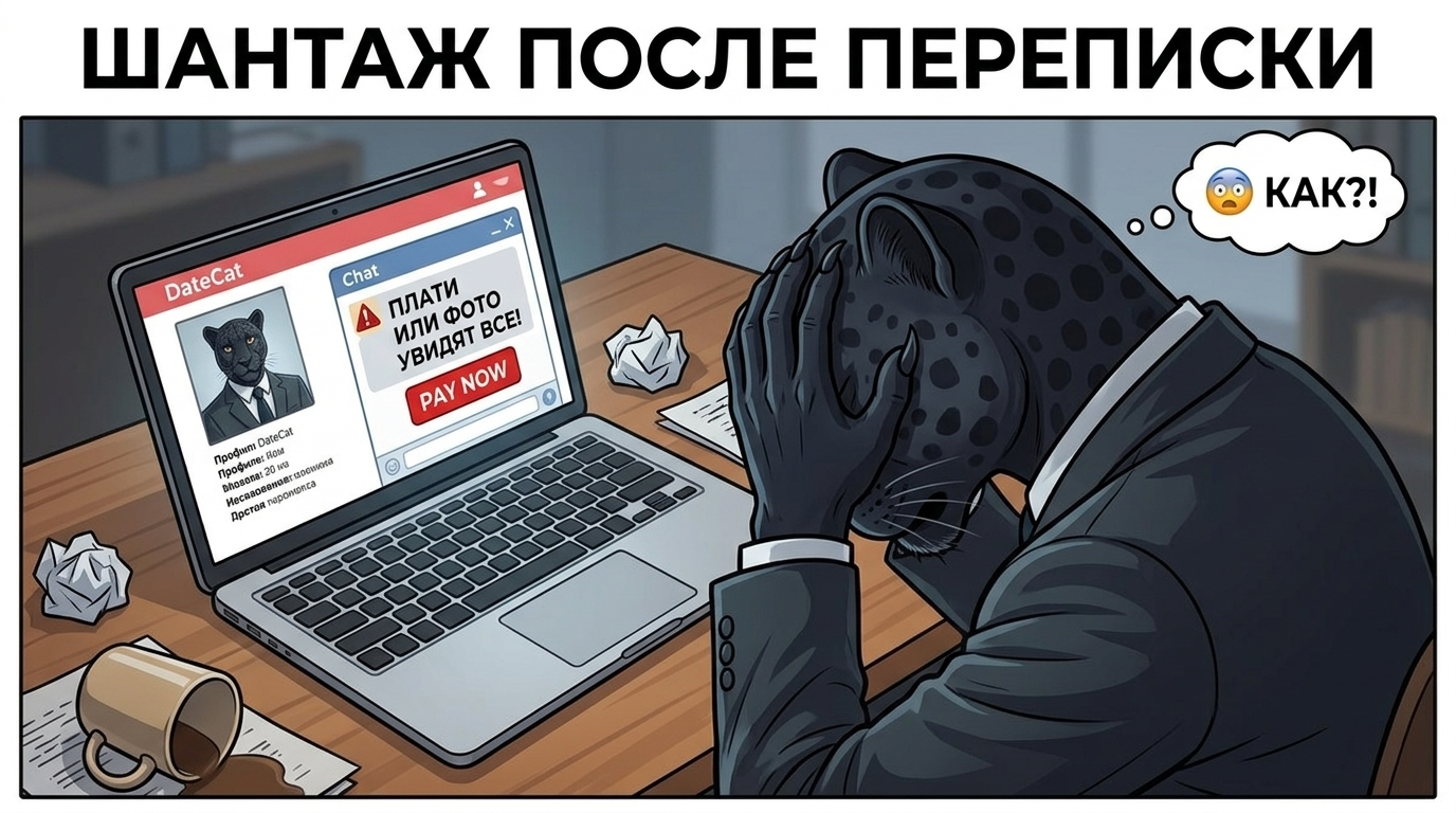 Пантера держится за голову, сидя перед ноутбуком с открытым профилем на сайте знакомств для женатых.