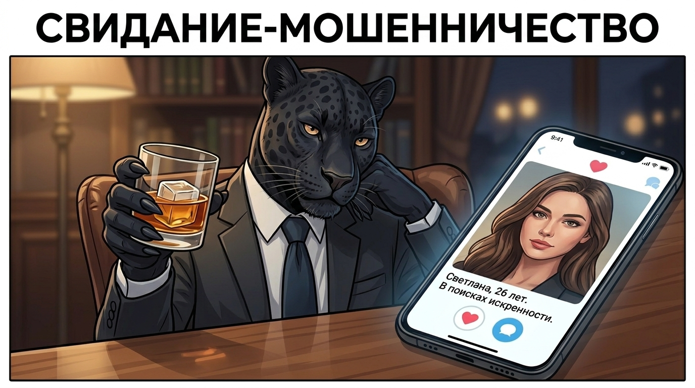 Чёрная пантера в кресле смотрит на смартфон, на экране которого открыт профиль сомнительный профиль барышни с сайта знакомств.