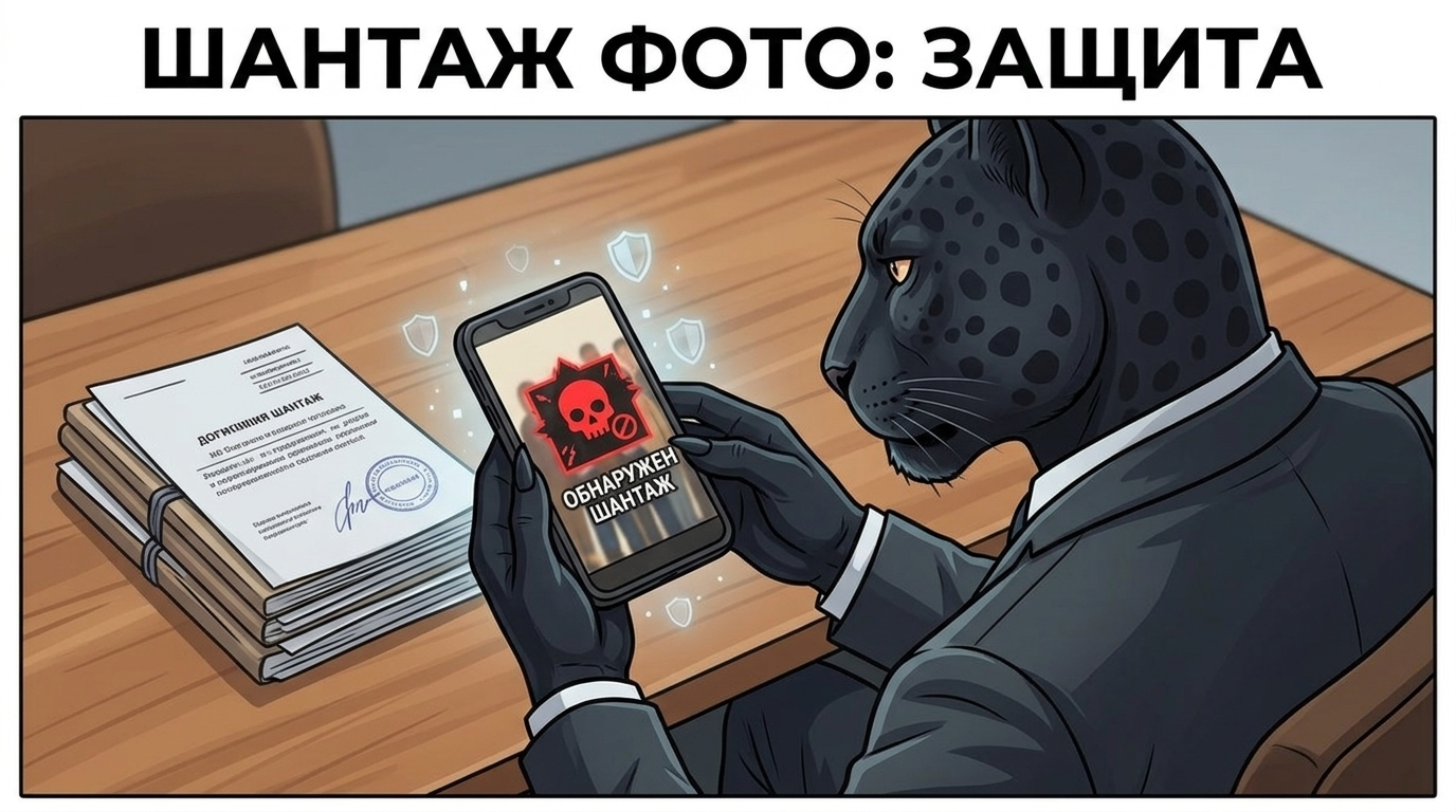 Пантера смотрит на смартфон с интимным снимком на экране, на заднем плане размытый интерьер, лапы лежат на телефоне.
