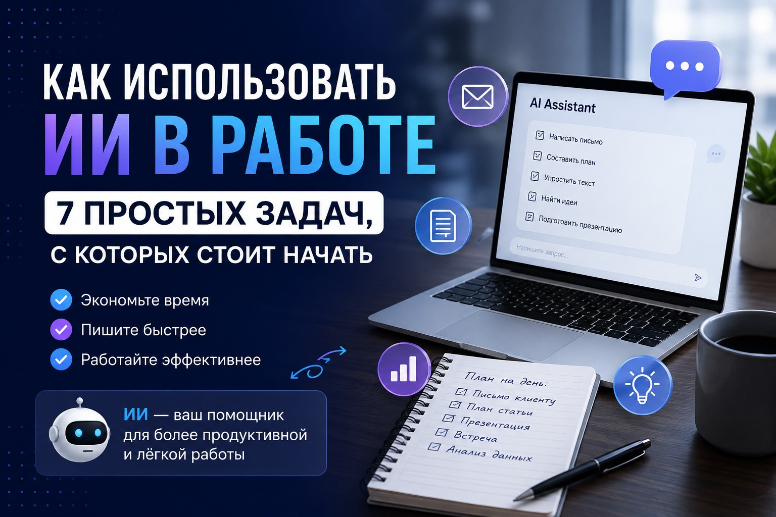 ИИ как рабочий помощник: письма, планы, идеи, презентации и другие повседневные задачи.