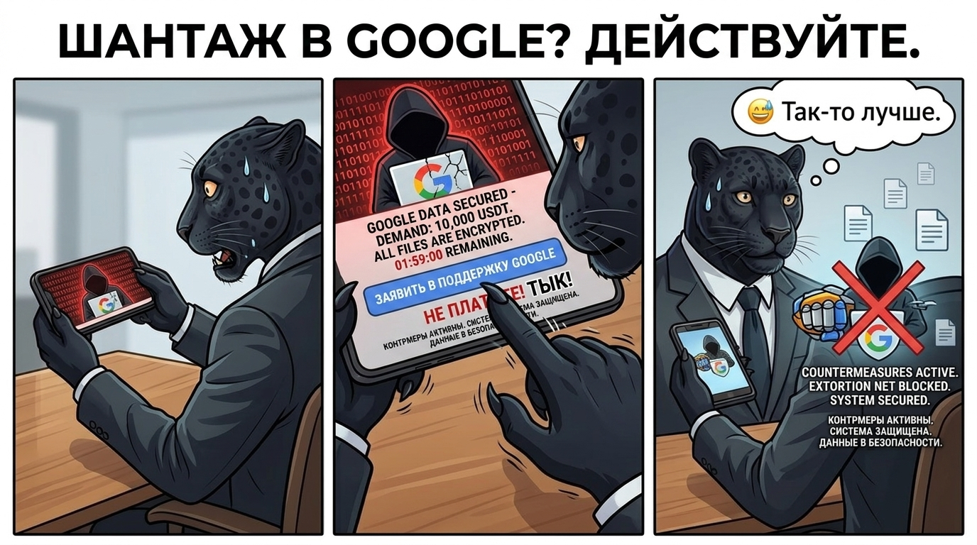 Пантера с испуганным выражением смотрит на экран смартфона, где отображается значок угрозы и сообщение от шантажиста.