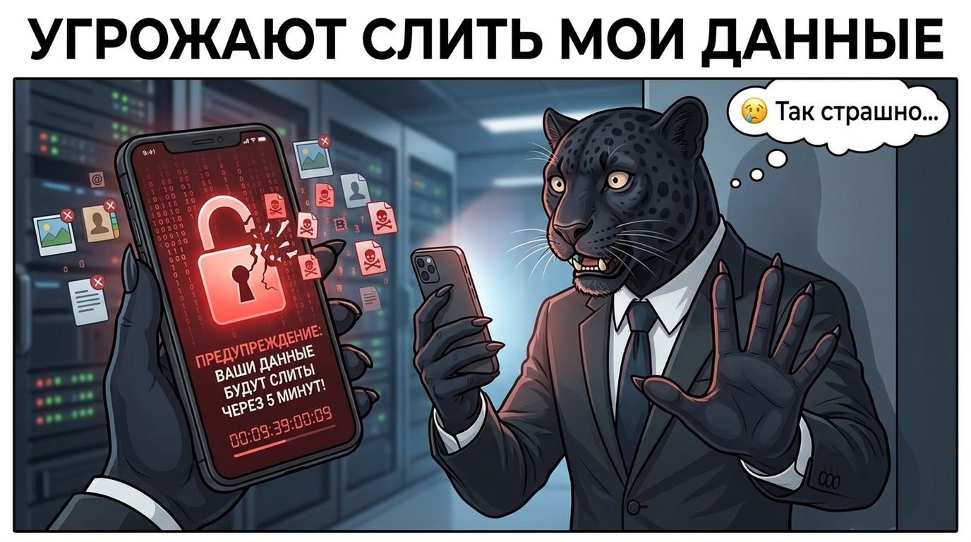 Пантера в испуге держит телефон, показывая экран с угрозой слива данных, другая лапа выставлена в жесте остановки.