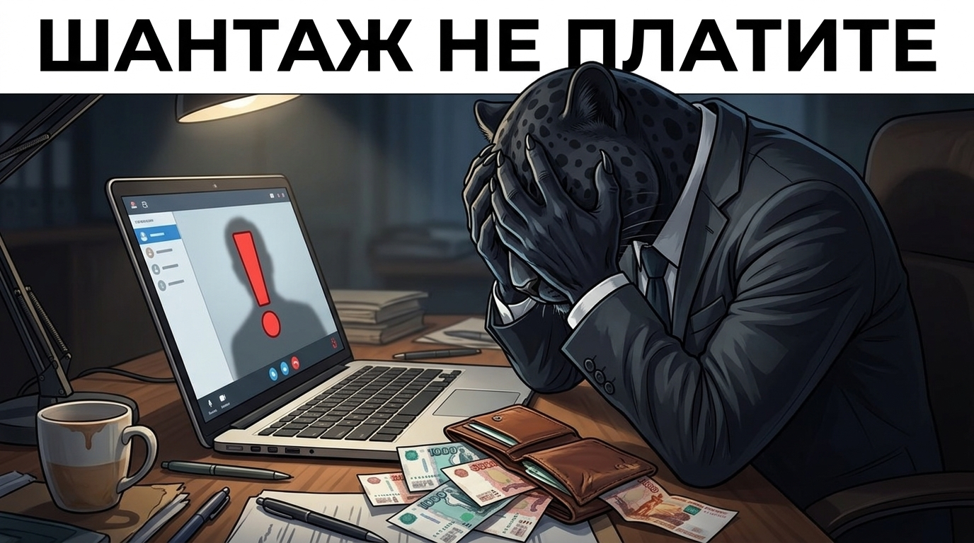 Пантера прячет лицо лапами перед ноутбуком. На экране значок видеозвонка с восклицательным знаком, рядом выпавшие деньги.