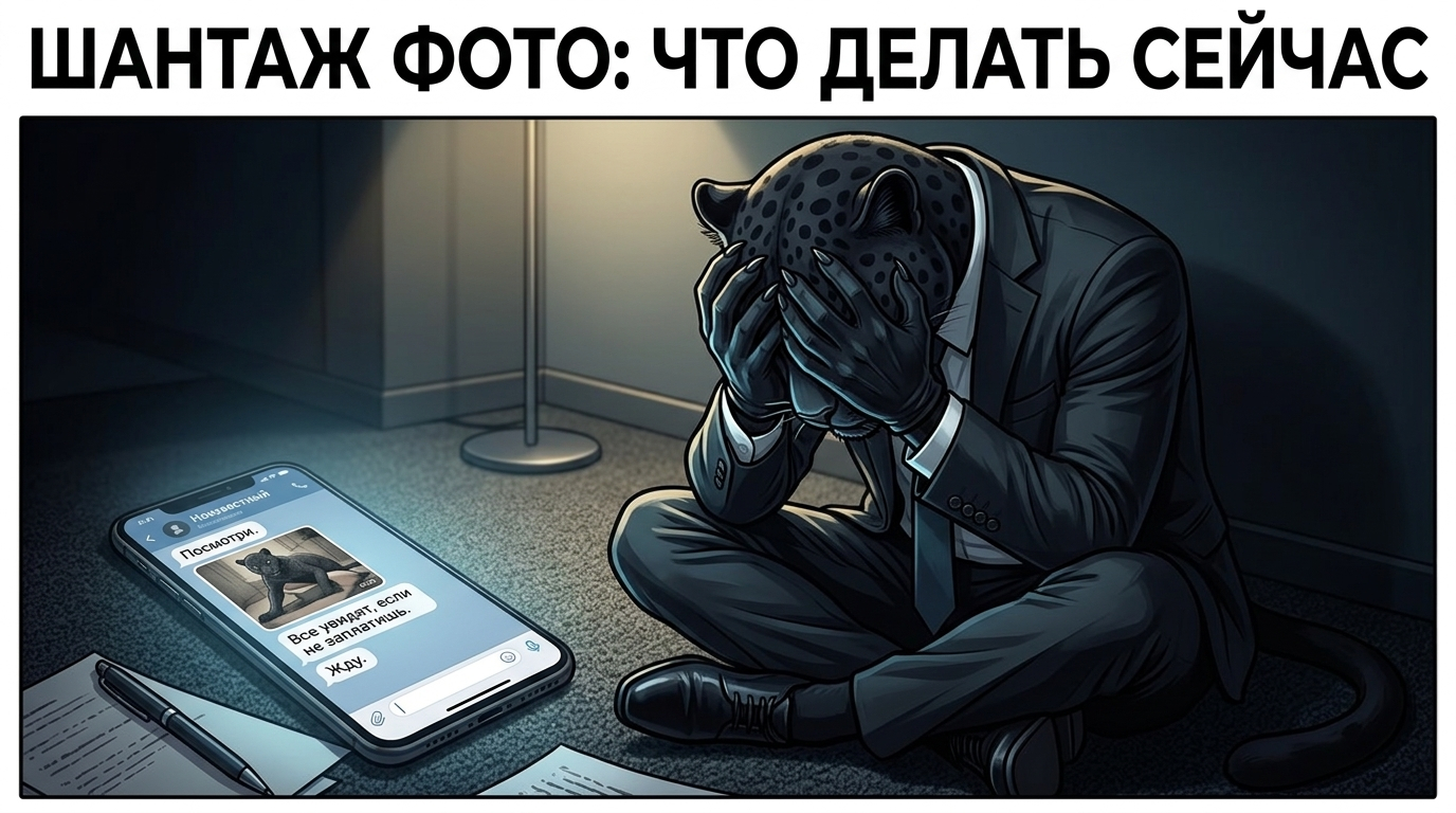 Пантера в отчаянии сидит на полу, закрыв голову лапами. Рядом лежит телефон с открытым чатом и угрозами.